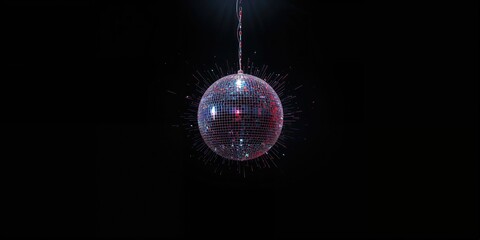 Reflective disco ball with light reflections on black background, suitable for visual effects or decorative backgrounds