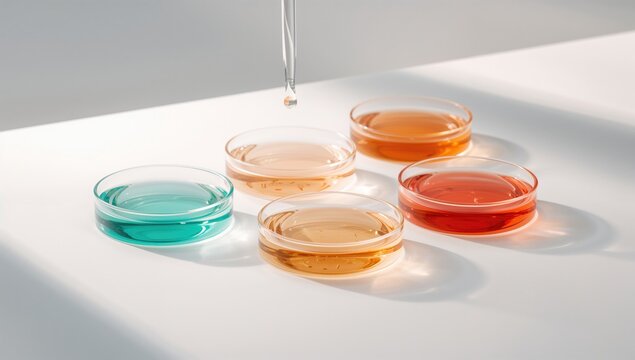 Petri dishes containing serum on a bright surface for cosmetic testing, focusing on laboratory procedures