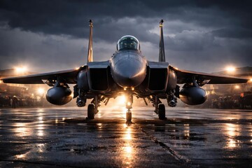 Aggressive warplane shining brightly on airbase ground