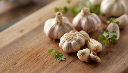 Garlic bulb and cloves arranged on a wooden surface, highlighting spice use in nutritious cooking, International Nutrition Month