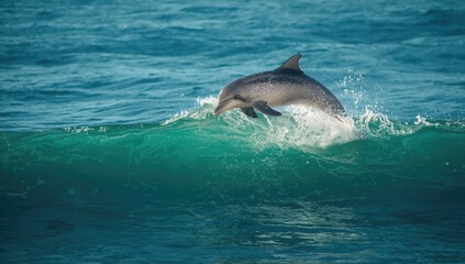 Obraz premium Tursiops truncatus leaping above the ocean surface, highlighting aquatic animal agility