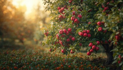 Red apple trees among a berry patch providing a lush background for layout design, Earth Day