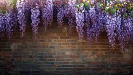 Vine of wisteria blossoms draping a brick wall, lush green garden during spring, floral display in nature