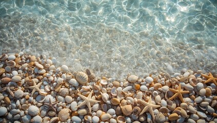 Seaside setting featuring various shells starfishes and pebbles used as a background pattern for editorial or creative projects