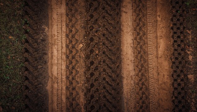 Pattern of tractor tire marks on compacted dirt surface, soil compaction in farming areas