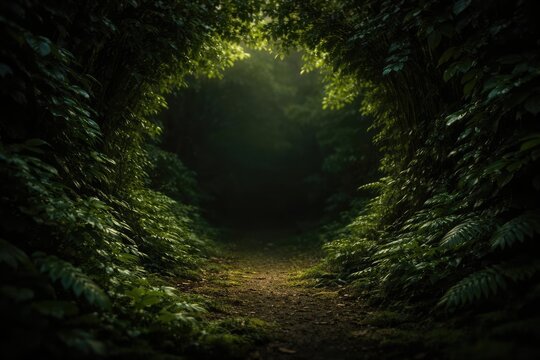 Lush green leaf corridors embracing a dim center with reserved copy space for graphics