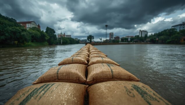 Flood control sandbag barrier on the Tha Chin River in Nakhon Pathom Province, flood preparedness in flood season