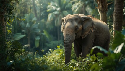 Fototapeta premium Wild elephant navigating dense forest, highlighting conservation efforts