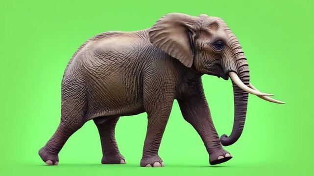 Powerful African Elephant Raising Its Trunk While Walking on Green Screen