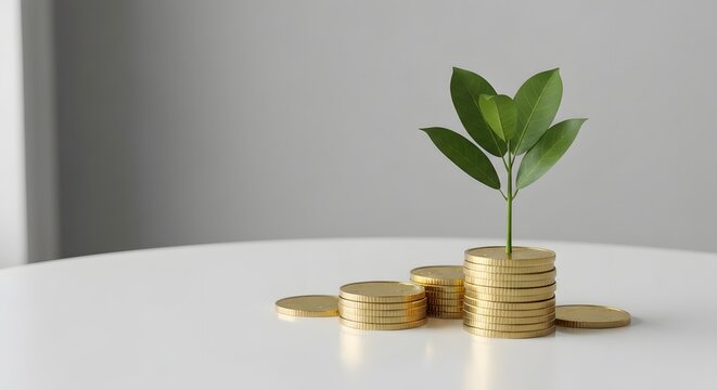 Plant seedling growing from stacked gold coins representing investment, finance growth, and savings success on a white table.