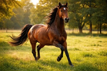 Obraz premium A spirited horse trotting through a sunlit grassy pasture