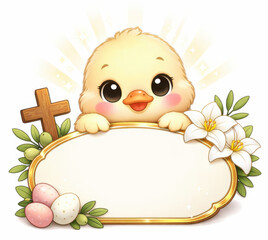 Adorable Easter chick with golden frame, lilies, cross, and eggs on a blank sign..Perfect for Easter greetings, Sunday school materials, or children&rsquo;s religious events.