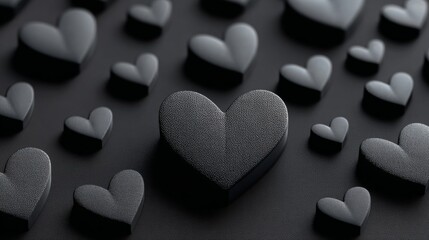 A black and white photo of hearts in various sizes and shapes. The heart in the center is the largest and most prominent. The photo has a moody and mysterious feel to it, as the hearts are all black