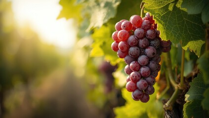 Cluster of mature red wine grapes on vine, highlighting agricultural practices and crop readiness