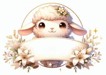 Cute fluffy lamb with lilies and empty banner in pastel Easter theme..Great for seasonal marketing, product packaging, or children&rsquo;s gift tags.