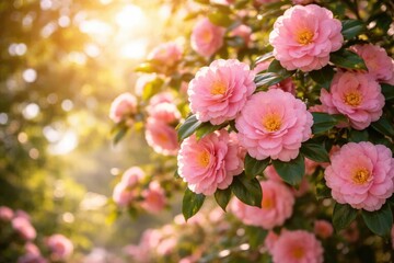 Japanese camellia flower cluster with sunlight filtering through