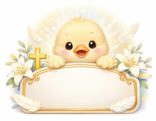 Smiling Easter duckling with lilies, white feathers, and golden cross on ornate blank sign..Perfect for Easter cards, faith-based ads, or children&rsquo;s event invitations.