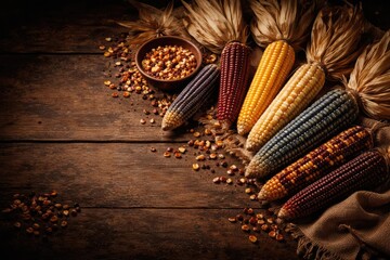 Collection of heritage maize types paying homage to native staple food crops with copyspace for text