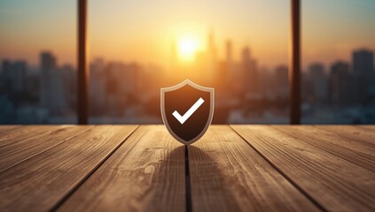 Flat security shield with verified badge on wooden table against urban sunset backdrop, highlighting internet security and malware prevention, World Cybersecurity Awareness Day