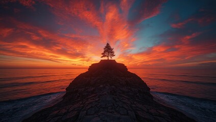 Dawn at a coastal cliff with a solitary tree and vibrant sky, highlighting landscape preservation