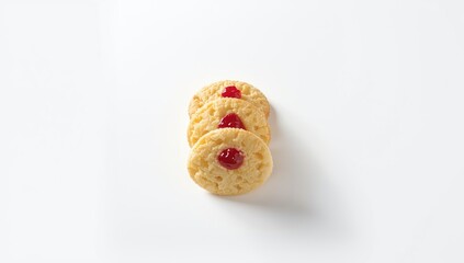 Jam-topped shortbread biscuits placed on a white surface, ideal for food photography backgrounds