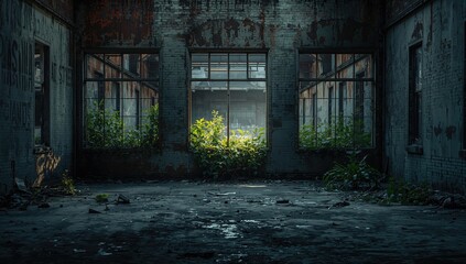 Dilapidated building with shattered windows, highlighting neglect and decay in urban environments