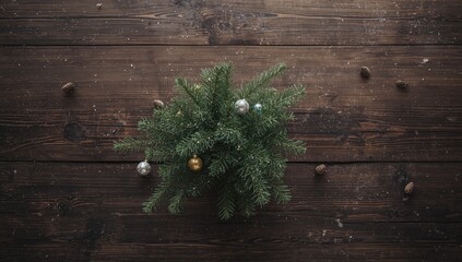 Festive holiday arrangement with fir tree and conifer cone on wooden surface, Christmas decoration