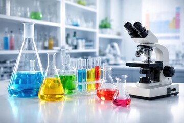 Laboratory glassware assortment with microscope in scientific workspace