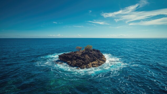 Vivid coral reef amid clear blue waters with horizon separating sea and sky, suitable for ocean conservation visuals