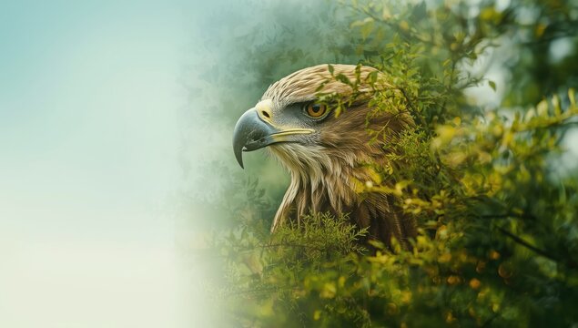 Eagle and lush green forest superimposition habitat preservation
