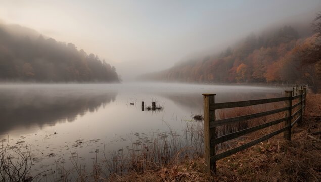 Loch Ard landscape in Scotland during a foggy dawn, highlighting natural weather effects