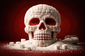 Red background sugar skull made of sugar cubes illustrating diet related diabetes with copy space
