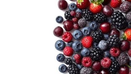 Black-blue and red berries displayed in a fruit collage emphasizing natural colors for culinary or nutritional backgrounds