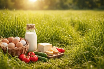 Close up shot of dense sunlit green grass pasture focusing on quality agricultural products and copy space