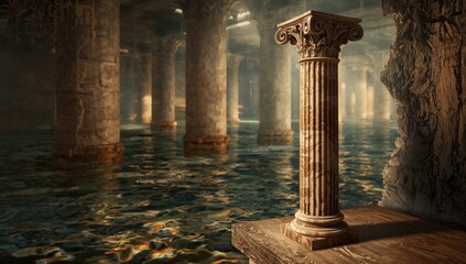 Ancient marble column detail in basilica cistern serving as structural decoration, heritage conservation