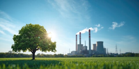 Obraz premium Power plant with tree, highlighting eco-friendly energy solutions and low carbon emissions, Earth Day