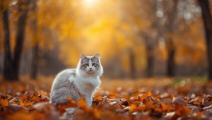 Gray and white feline resting among fallen autumn foliage, highlighting nature and animal activity, World Animal Day
