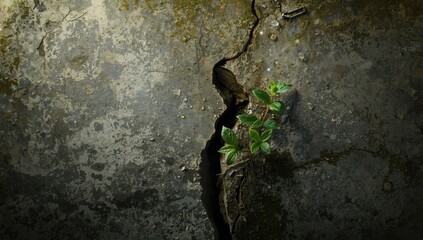 Obraz premium A delicate green sprout emerging from a cracked weathered concrete surface, illustrating urban nature and renewal, Earth Day