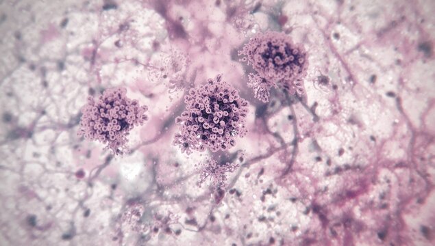 Cytology slide displaying small clusters of malignant cells amid inflammatory background, focusing on fluid analysis, World Cancer Day