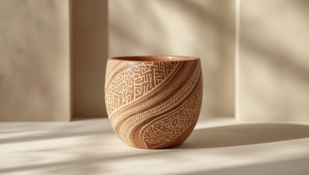 Detailed view of a ceramic planter with ethnic tribal geometric sgraffito design, emphasizing textured surface for decorative use