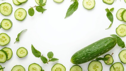 Green cucumber slices with white background highlighting natural plant-based ingredients