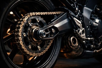 Obraz premium Detailed mechanical close-up of motorcycle engine rear showing chain and brake disk parts