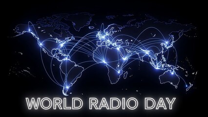 World radio day illustration with glowing blue connections on black background