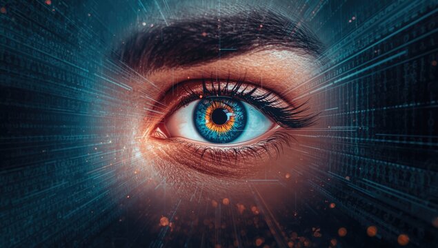 Data transfer visualization on a monitor with a human eye, focusing on digital security practices, World Cybersecurity Day - Powered by Adobe