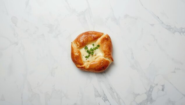 Cheese-filled khachapuri resting on a white marble countertop, emphasizing baked bread as a carbohydrate source