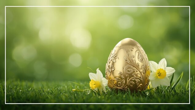 Gold Easter egg and spring narcissus flower backdrop on green with white frame, festive floral scene for seasonal celebration