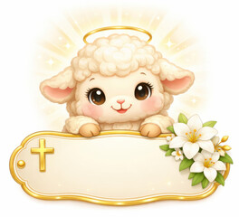 Whimsical cartoon lamb with daisy crown and Easter floral frame surrounding a blank sign..Perfect for Easter promotions, church invites, or themed blog headers.