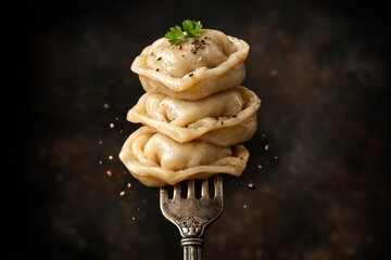 Classic Russian pelmeni dumplings positioned on an old-fashioned fork with a dark background for food concept art