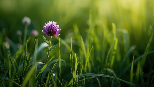 Close-up of Trifolium pratense flower with surrounding grass and foliage, summer outdoor setting, natural floral background for editorial use