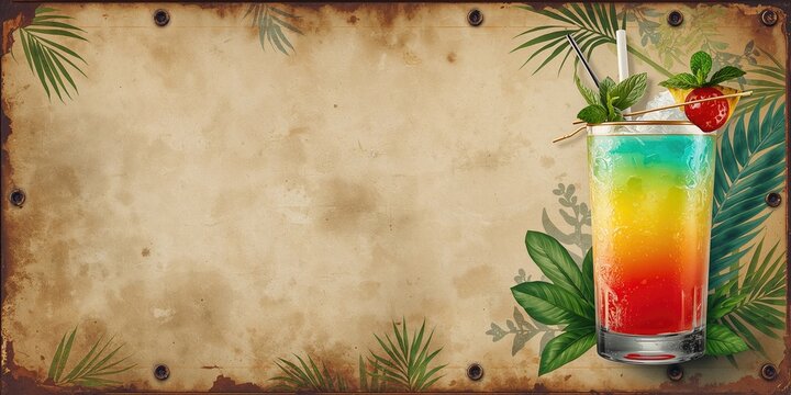 Old-fashioned metal sign with a Mai Tai illustration used in cocktail party advertising, highlighting vintage bar decor